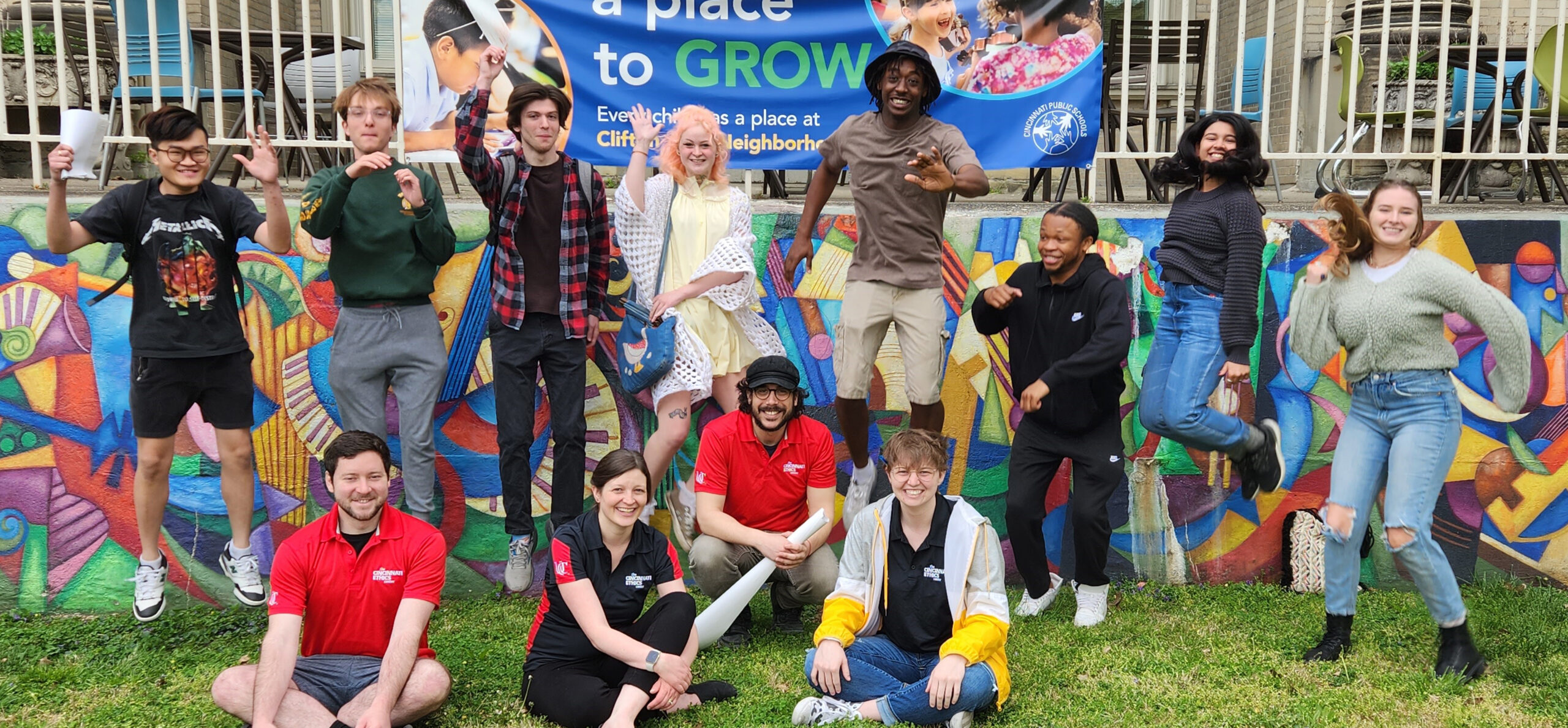 Cincinnati Ethics Center Spring 2023 interns in front of Clifton Area Neighborhood Schools.